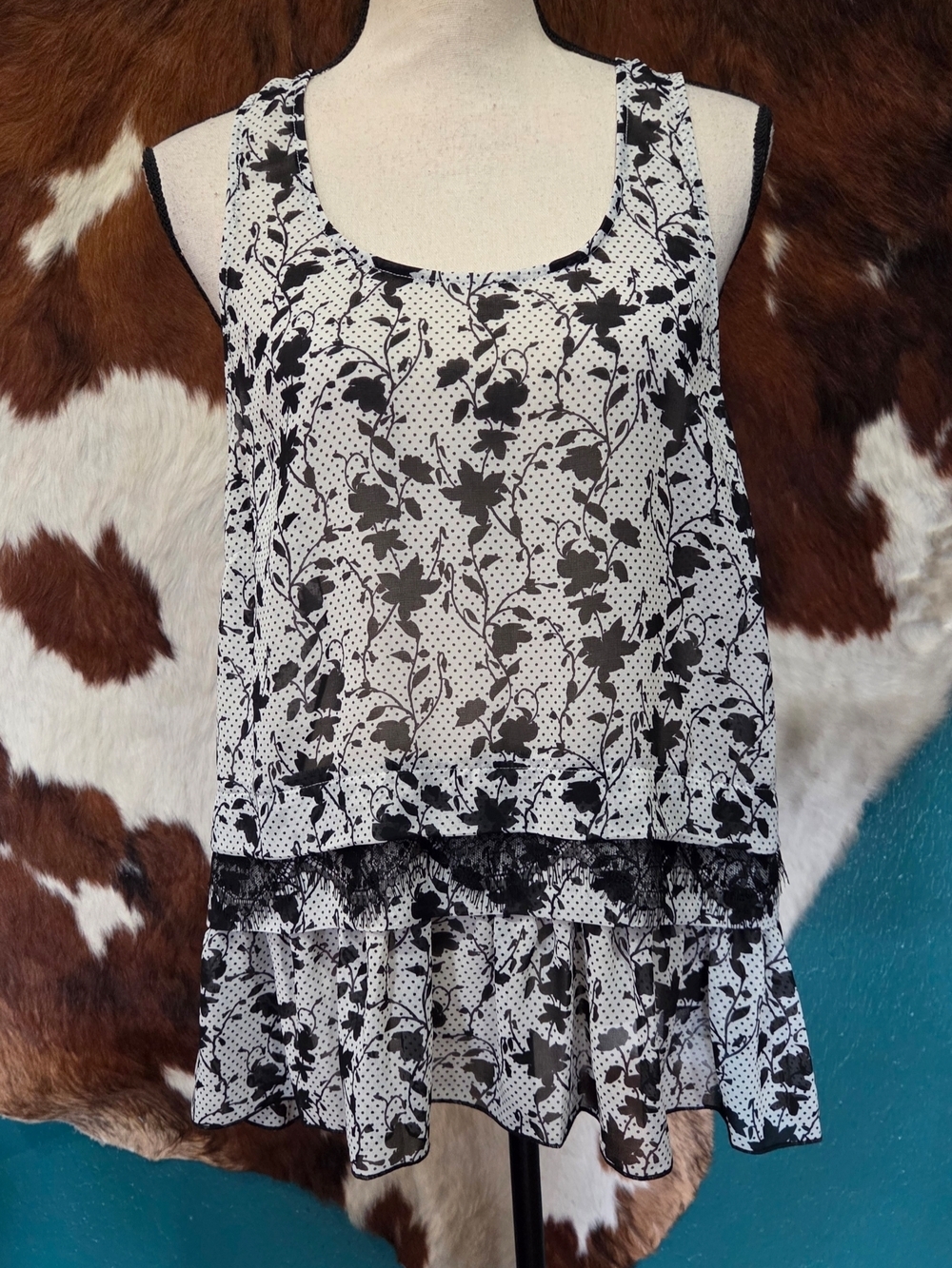 CAbi Black and White Floral Polka Dot Sleeveless Blouse